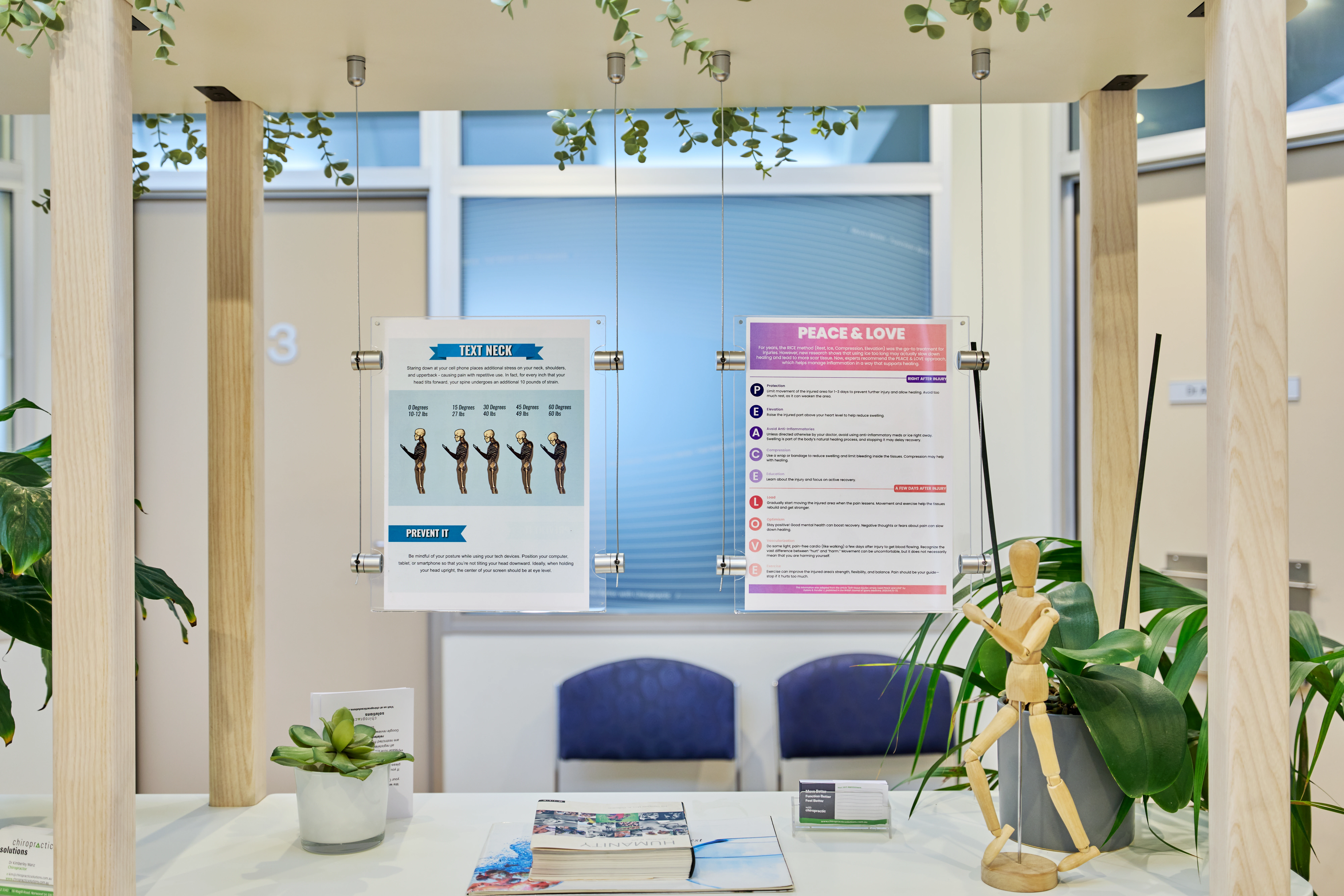Display shelving with informative posters at Chiropractic Solutions, Norwood Adelaide